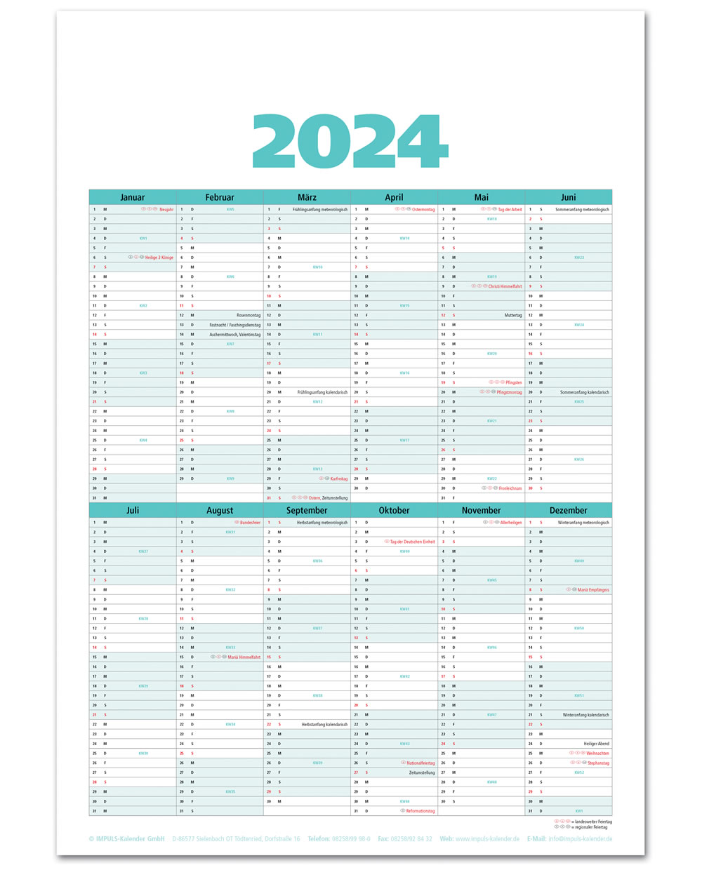 Impuls-Kalender GmbH - Jahresübersichtsblatt 2024 im Wochenspruchkalender 2024