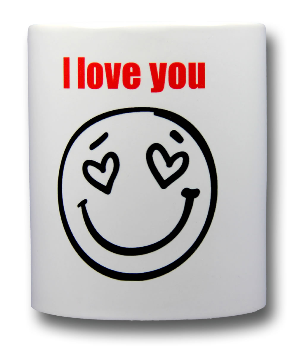 Fröhliche Impuls-Smileytasse mit Leitspruch:  I love you
